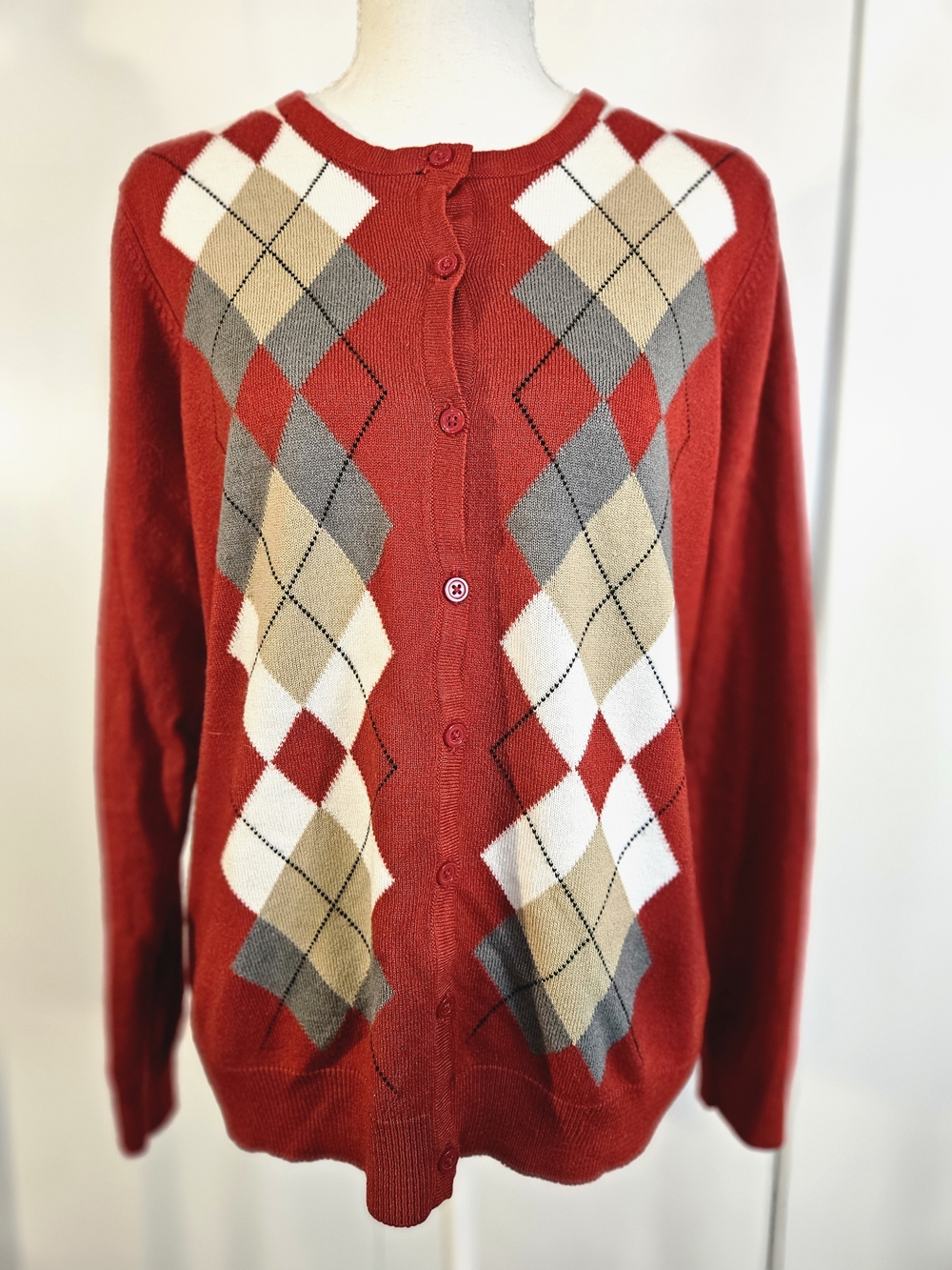 croft & barrow Red Argyle Button Cardigan with Neutral Diamonds L